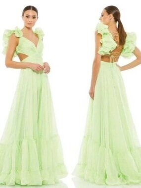 MAC DUGGAL Gown Dress 67911 Mint Green Ruffle Tiered Chiffon Cutout Size 0
